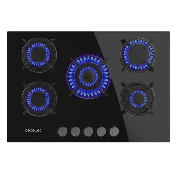 Imagen 2 Placa de gas de cristal templado negro con 5 quemadores Sabaf, parrillas de hierro fundido y autoencendido. Potencia y diseño profesional para tu cocina.