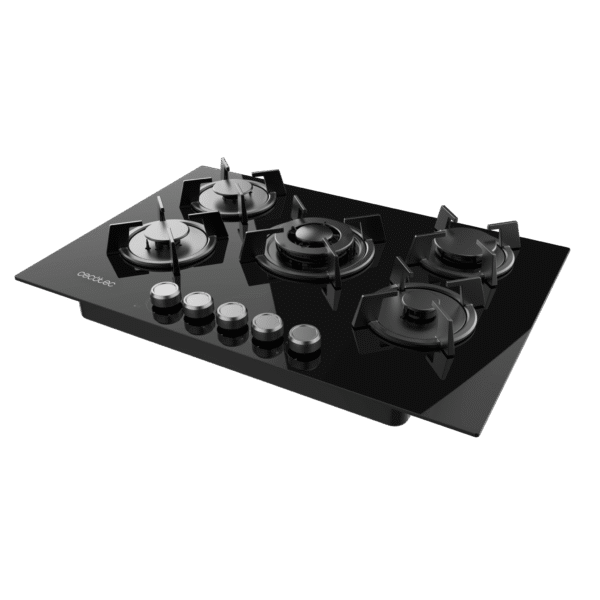 Imagen 4 Placa de gas de cristal templado negro con 5 quemadores Sabaf, parrillas de hierro fundido y autoencendido. Potencia y diseño profesional para tu cocina.