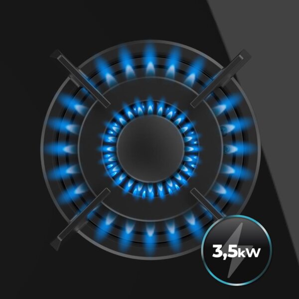 Imagen 7 Placa de gas de cristal templado negro con 5 quemadores Sabaf, parrillas de hierro fundido y autoencendido. Potencia y diseño profesional para tu cocina.