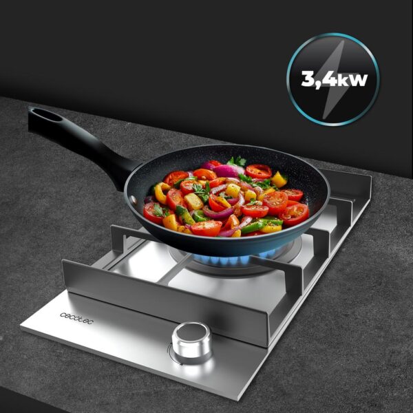 Imagen 7 Placa de gas de acero inoxidable con 4 quemadores, sistema de seguridad termopar y encendido automático. Potencia total de 7 kW para una cocina eficiente.