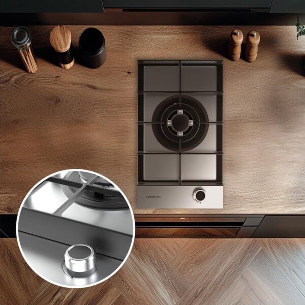 Imagen 8 Placa de gas de acero inoxidable con 4 quemadores, sistema de seguridad termopar y encendido automático. Potencia total de 7 kW para una cocina eficiente.