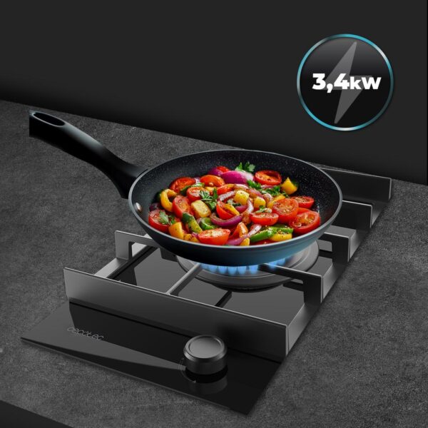 Imagen 8 Placa de gas Bolero Squad G 1400F Glass Black con 4 fuegos, superficie de cristal templado, encendido automático y sistema de seguridad FlameOut integrado.