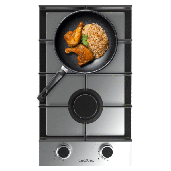 Placa de gas Cecotec Bolero Squad G 2200F Glass Black de 2 fuegos con superficie de cristal templado y parrillas de hierro fundido