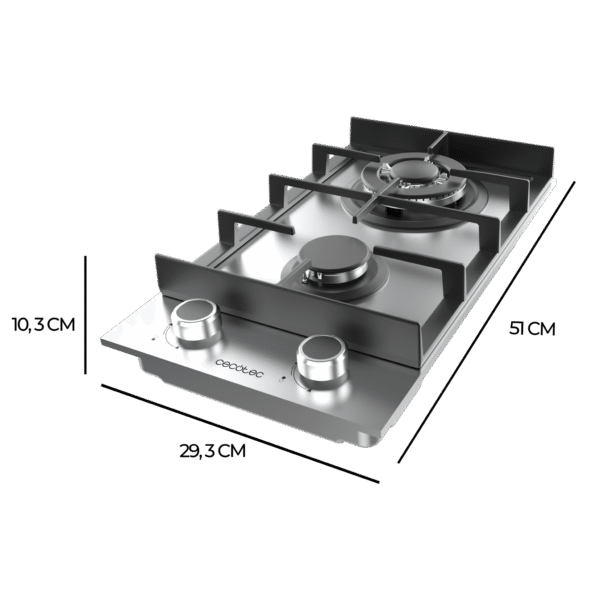 Imagen 4 Placa de gas de 2 fuegos en acero inoxidable con mandos frontales y quemadores de alta eficiencia. Diseño compacto y resistente para cocinas funcionales.