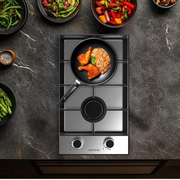 Imagen 7 Placa de gas de 2 fuegos en acero inoxidable con mandos frontales y quemadores de alta eficiencia. Diseño compacto y resistente para cocinas funcionales.