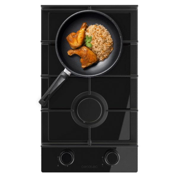 Placa de gas Cecotec Bolero Squad G 2200F Glass Black de 2 fuegos con superficie de cristal templado y parrillas de hierro fundido