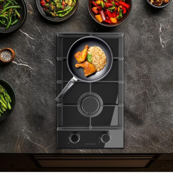 Imagen 7 Placa de gas Bolero Squad G 2400F Glass Black con 4 fuegos, superficie de cristal templado negro, autoencendido integrado y sistema de seguridad termopar.