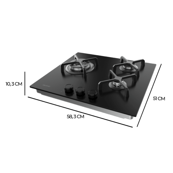 Imagen 4 Placa de gas Bolero Squad G 3400S Nano Glass de 3 fuegos con superficie de alta resistencia, encendido integrado y sistema de seguridad Gas Stop avanzado.