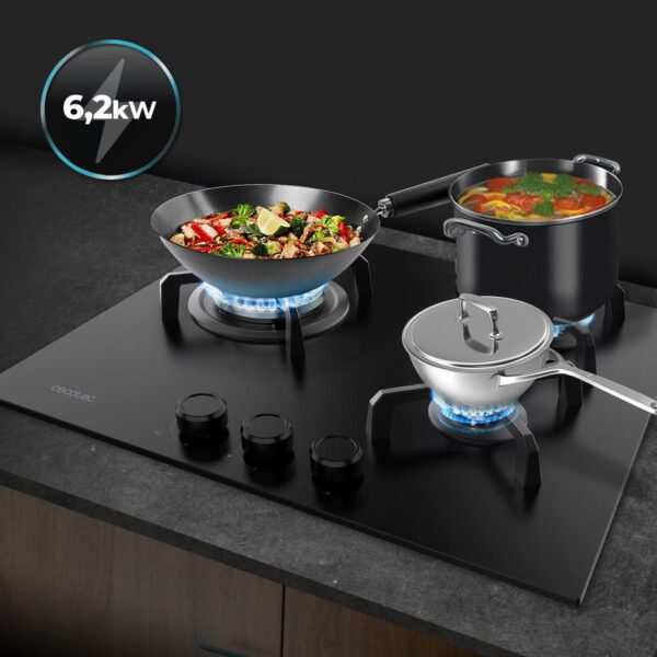 Imagen 8 Placa de gas Bolero Squad G 3400S Nano Glass de 3 fuegos con superficie de alta resistencia, encendido integrado y sistema de seguridad Gas Stop avanzado.
