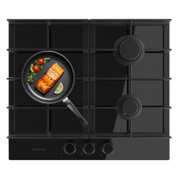 Placa de gas Cecotec Bolero Squad G 2200F Glass Black de 2 fuegos con superficie de cristal templado y parrillas de hierro fundido