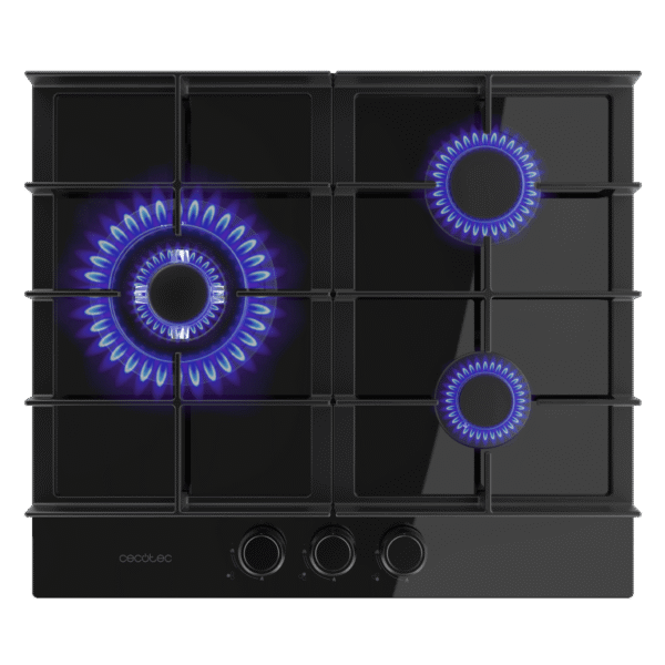 Imagen 2 Placa de gas Bolero Squad G 3400F Glass Black con 3 quemadores, superficie de cristal templado, parrillas de hierro fundido y sistema de seguridad Termopar.