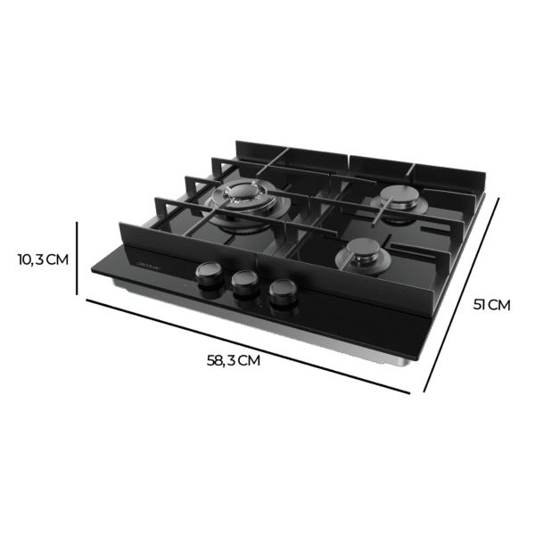 Imagen 4 Placa de gas Bolero Squad G 3400F Glass Black con 3 quemadores, superficie de cristal templado, parrillas de hierro fundido y sistema de seguridad Termopar.