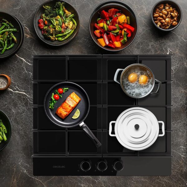 Imagen 7 Placa de gas Bolero Squad G 3400F Glass Black con 3 quemadores, superficie de cristal templado, parrillas de hierro fundido y sistema de seguridad Termopar.