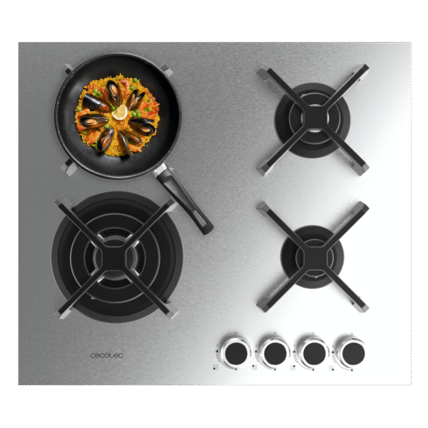 A01_EU01_100490 Placa de gas Cecotec Bolero Squad G 2200F Glass Black de 2 fuegos con superficie de cristal templado y parrillas de hierro fundido