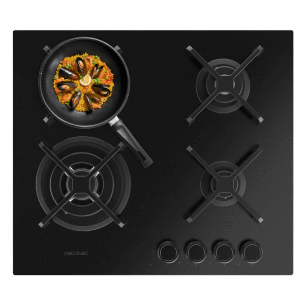 Placa de gas Cecotec Bolero Squad G 2200F Glass Black de 2 fuegos con superficie de cristal templado y parrillas de hierro fundido
