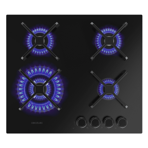 Imagen 2 Placa de gas de cristal templado negro con 4 quemadores, rejillas de hierro fundido y sistema de seguridad. Potencia y diseño para tu cocina moderna.