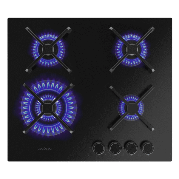 Imagen 2 Placa de gas de cristal templado negro con 4 quemadores, rejillas de hierro fundido y sistema de seguridad. Potencia y diseño para tu cocina moderna.