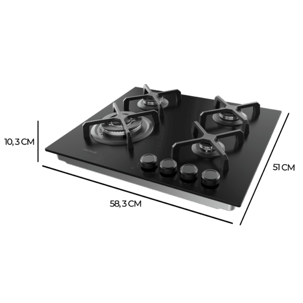 Imagen 4 Placa de gas de cristal templado negro con 4 quemadores, rejillas de hierro fundido y sistema de seguridad. Potencia y diseño para tu cocina moderna.
