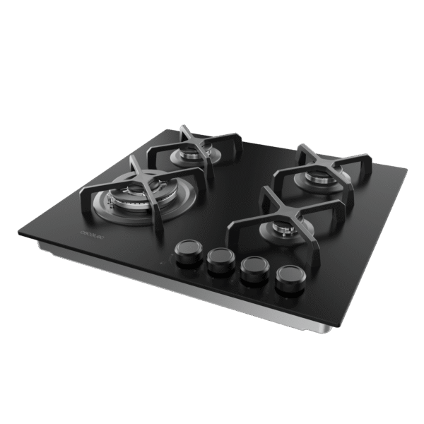 Imagen 5 Placa de gas de cristal templado negro con 4 quemadores, rejillas de hierro fundido y sistema de seguridad. Potencia y diseño para tu cocina moderna.