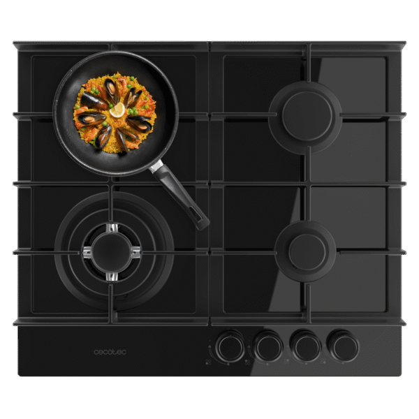 A01_EU01_100493 Placa de gas Cecotec Bolero Squad G 2200F Glass Black de 2 fuegos con superficie de cristal templado y parrillas de hierro fundido