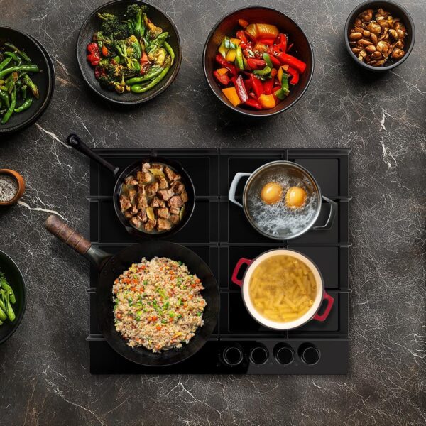 A01_EU01_100493-Imagen-7 Imagen 7 Placa de gas Bolero Squad G 4400F Glass Black con 4 fuegos, superficie de cristal templado, autoencendido y sistema de seguridad FFD para una cocina eficiente.