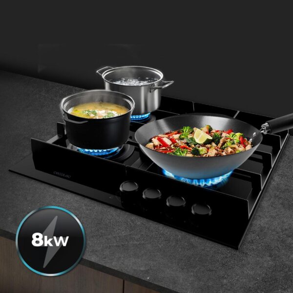 A01_EU01_100493-Imagen-8 Imagen 8 Placa de gas Bolero Squad G 4400F Glass Black con 4 fuegos, superficie de cristal templado, autoencendido y sistema de seguridad FFD para una cocina eficiente.