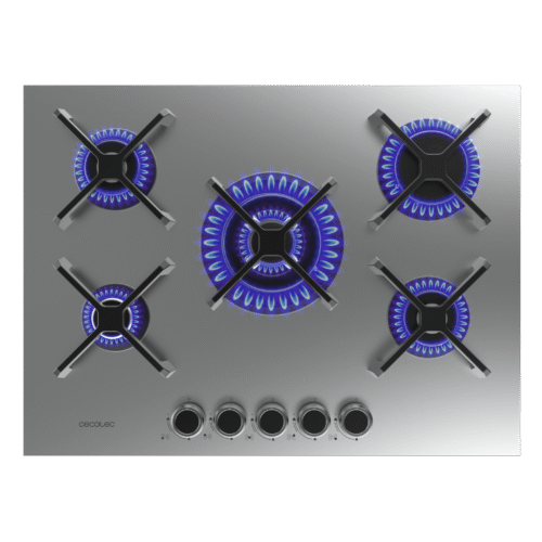 Imagen 2 Placa de gas de 5 fuegos con quemador de triple llama, superficie de acero inoxidable, parrillas de hierro fundido y autoencendido para una cocina profesional.