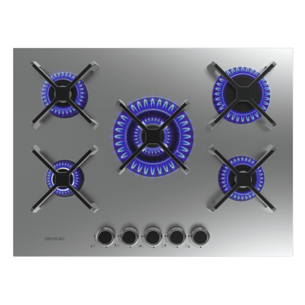 Imagen 2 Placa de gas de 5 fuegos con quemador de triple llama, superficie de acero inoxidable, parrillas de hierro fundido y autoencendido para una cocina profesional.