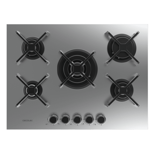 Imagen 3 Placa de gas de 5 fuegos con quemador de triple llama, superficie de acero inoxidable, parrillas de hierro fundido y autoencendido para una cocina profesional.