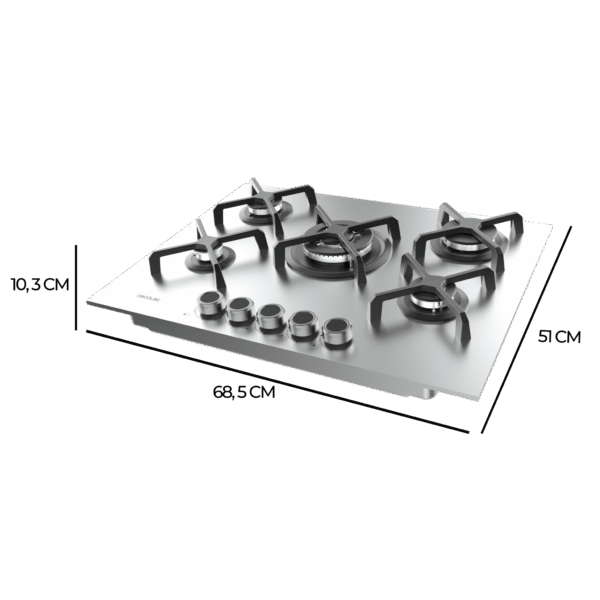 Imagen 4 Placa de gas de 5 fuegos con quemador de triple llama, superficie de acero inoxidable, parrillas de hierro fundido y autoencendido para una cocina profesional.