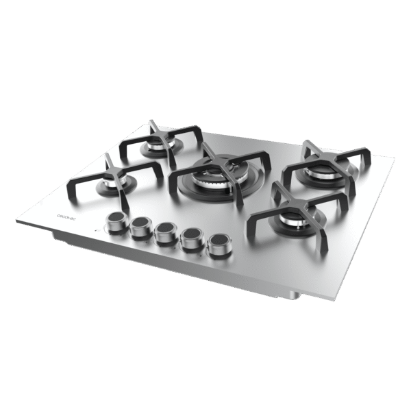 Imagen 5 Placa de gas de 5 fuegos con quemador de triple llama, superficie de acero inoxidable, parrillas de hierro fundido y autoencendido para una cocina profesional.