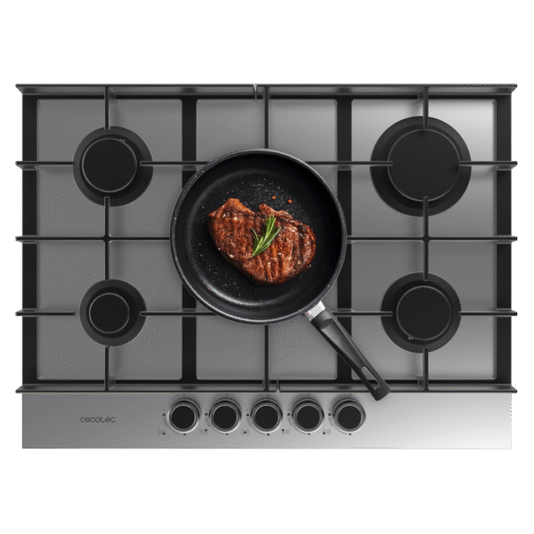 A01_EU01_100495 Placa de gas de acero inoxidable Bolero Squad G 5200S Inox con cinco quemadores y parrillas de hierro fundido