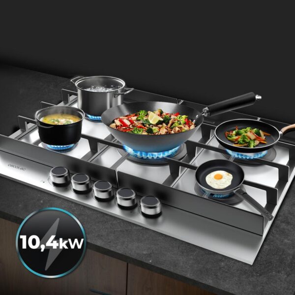 A01_EU01_100495-Imagen-8 Imagen 8 Placa de gas Bolero Squad G 5400F Inox de Cecotec con 4 quemadores, superficie de acero inoxidable y sistema de seguridad FlameOut para una cocción eficiente.