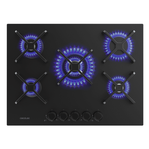 Imagen 2 Placa de gas Bolero Squad G 5400S Nano Glass con 5 quemadores, superficie de cristal templado negro, parrillas de hierro fundido y sistema de seguridad termopar.