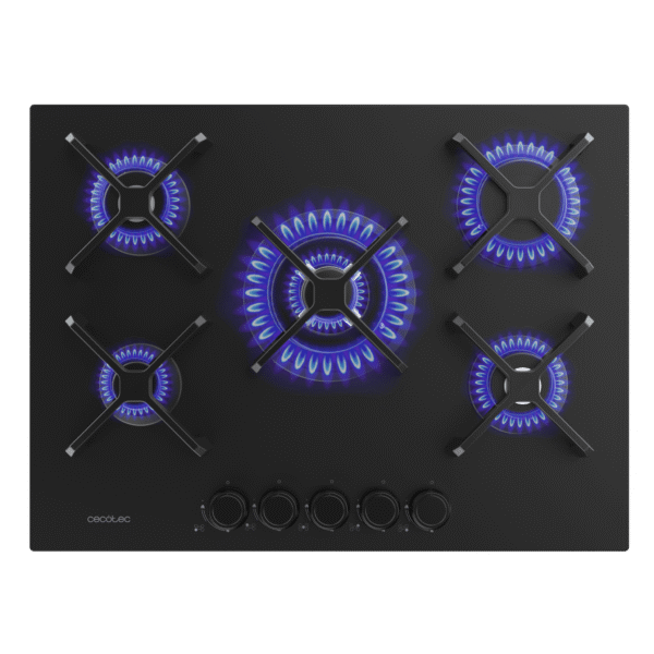 Imagen 2 Placa de gas Bolero Squad G 5400S Nano Glass con 5 quemadores, superficie de cristal templado negro, parrillas de hierro fundido y sistema de seguridad termopar.