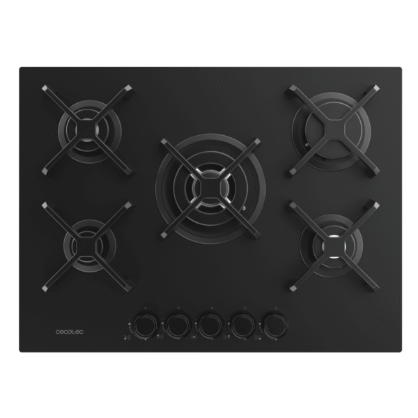 Imagen 3 Placa de gas Bolero Squad G 5400S Nano Glass con 5 quemadores, superficie de cristal templado negro, parrillas de hierro fundido y sistema de seguridad termopar.