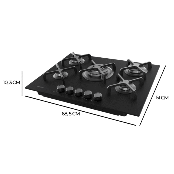 Imagen 4 Placa de gas Bolero Squad G 5400S Nano Glass con 5 quemadores, superficie de cristal templado negro, parrillas de hierro fundido y sistema de seguridad termopar.