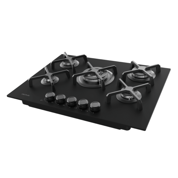 Imagen 5 Placa de gas Bolero Squad G 5400S Nano Glass con 5 quemadores, superficie de cristal templado negro, parrillas de hierro fundido y sistema de seguridad termopar.