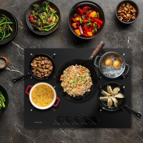 Imagen 7 Placa de gas Bolero Squad G 5400S Nano Glass con 5 quemadores, superficie de cristal templado negro, parrillas de hierro fundido y sistema de seguridad termopar.