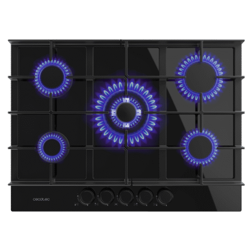 Imagen 2 Placa de gas de cristal negro Bolero Squad G 5400F con 5 fuegos, quemador triple llama, parrillas de hierro fundido y sistema de seguridad contra fallos de llama.
