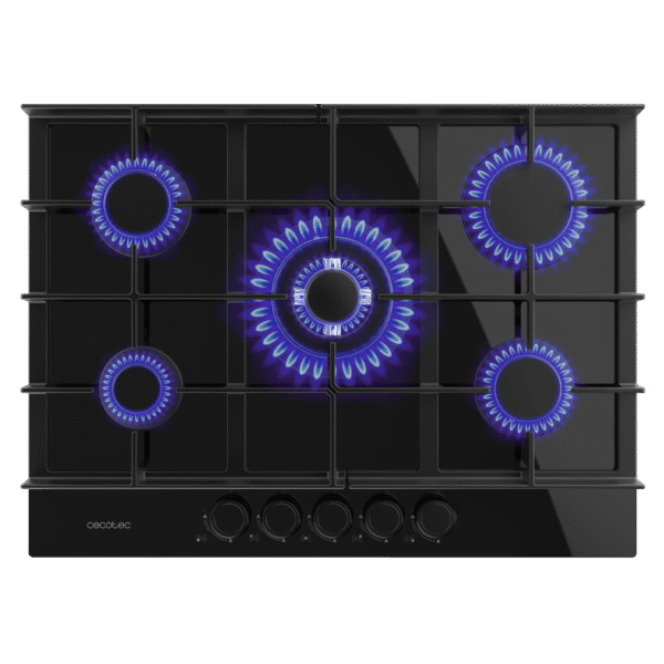 Imagen 2 Placa de gas de cristal negro Bolero Squad G 5400F con 5 fuegos, quemador triple llama, parrillas de hierro fundido y sistema de seguridad contra fallos de llama.