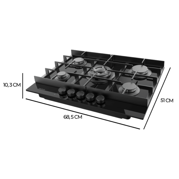 Imagen 3 Placa de gas de cristal negro Bolero Squad G 5400F con 5 fuegos, quemador triple llama, parrillas de hierro fundido y sistema de seguridad contra fallos de llama.