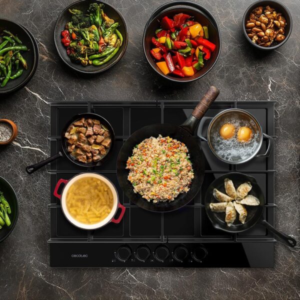 Imagen 6 Placa de gas de cristal negro Bolero Squad G 5400F con 5 fuegos, quemador triple llama, parrillas de hierro fundido y sistema de seguridad contra fallos de llama.