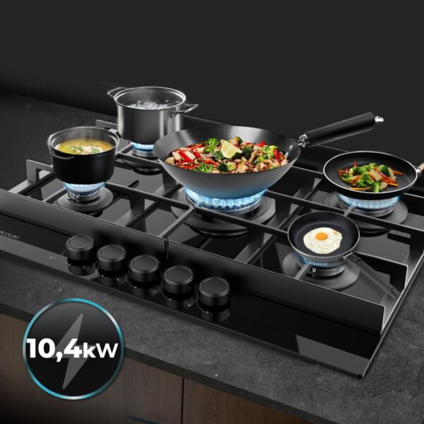 Imagen 7 Placa de gas de cristal negro Bolero Squad G 5400F con 5 fuegos, quemador triple llama, parrillas de hierro fundido y sistema de seguridad contra fallos de llama.