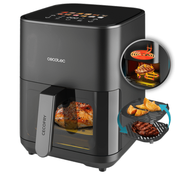 Vista frontal del microondas digital Cecotec Proclean 2500 con panel de control táctil y mando giratorio