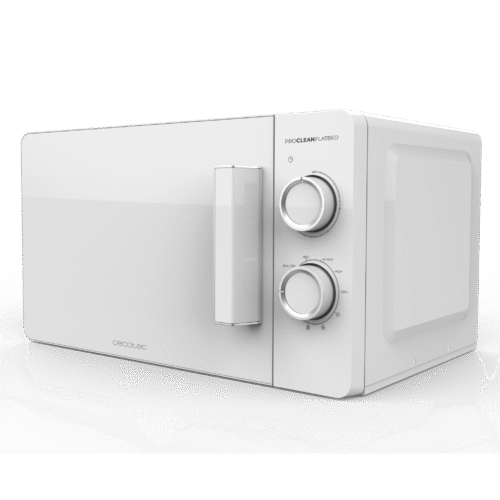 Vista frontal del microondas digital Cecotec Proclean 2500 con panel de control táctil y mando giratorio
