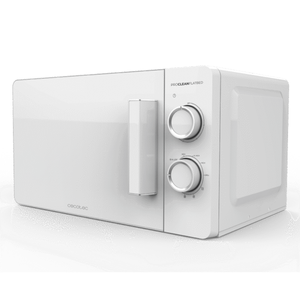 Vista frontal del microondas digital Cecotec Proclean 2500 con panel de control táctil y mando giratorio