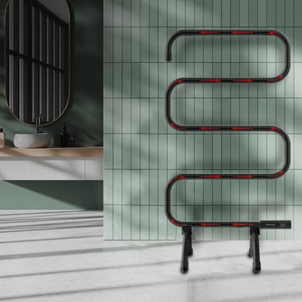 Imagen 7 Radiador toallero eléctrico de bajo consumo Cecotec ReadyWarm 5000 Towel Black con 100W, indicador luminoso y doble uso: suelo o pared. Máxima seguridad.