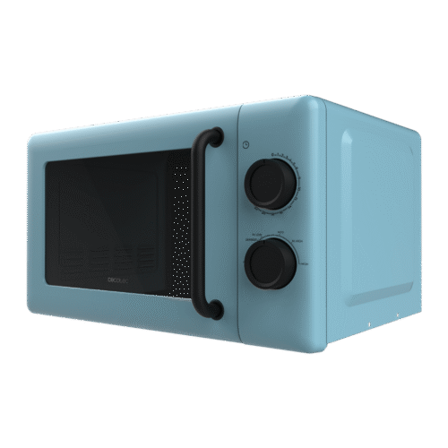 Imagen 2 Microondas mecánico Proclean 3010 Blue de Cecotec con 20 litros de capacidad y 700 W. Diseño vintage azul, revestimiento fácil limpieza y modo descongelar.