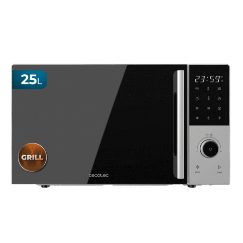 Vista frontal del microondas digital Cecotec Proclean 2500 con panel de control táctil y mando giratorio